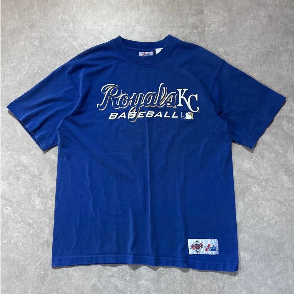 90s Vintage Kansas City Royals Majestic Script Blue T Shirt -L